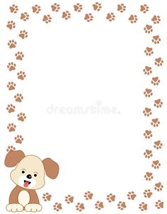 a brown and white dog sitting in front of a frame with paw prints on it