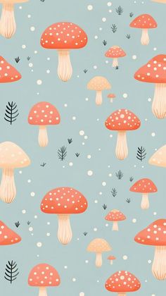 a blue background with mushrooms and plants on it