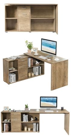 an office desk with drawers and shelves for small spaces is shown in three different views