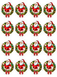 christmas stickers with santa claus on them and wreaths around the edges, all in different colors