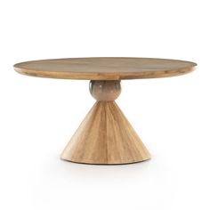 a round wooden table with two legs and an oval top, on a white background