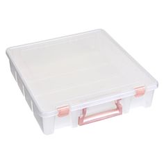 a white plastic box with pink handles