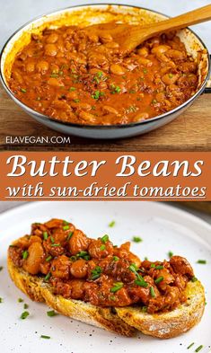 butter beans with sundried tomatoes in a skillet and on toasted bread