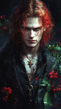 a man with long red hair wearing a black shirt and flowers in his lapel