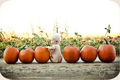 a baby sitting in front of pumpkins on the ground