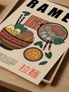 an advertisement for ramen noodles on a wooden table with chopsticks and utensils