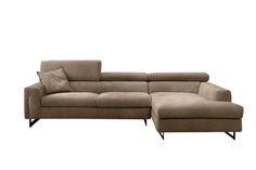 a large sectional couch with pillows on it's back and footrests, in front of a white background