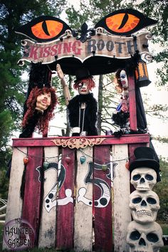 an image of two people dressed up in costumes on top of a wooden structure with the words prop showcase more night circus props