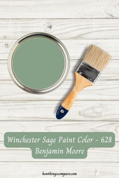 a paint can with a brush next to it and the words winchester sage paint color