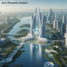 an artist's rendering of a futuristic city surrounded by water