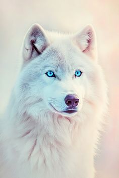 a white wolf with blue eyes looking at the camera