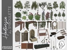 various types of garden furniture and trees