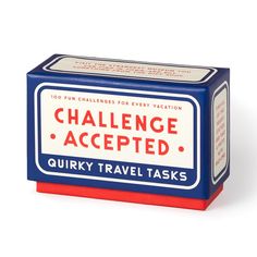 a blue and red carton with the words challenge accepted on it's side