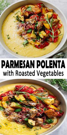 two bowls filled with roasted vegetables and topped with parmesan polenta