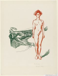 a drawing of a naked woman standing in front of a mountain range with red ink on paper