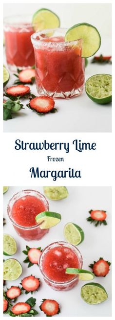 strawberry lime margarita is served in small glasses and garnished with sliced strawberries