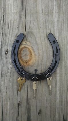 a horseshoe with keys hanging from it on a wooden wall