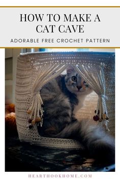 a cat sitting in a crochet hammock with the text how to make a cat cave