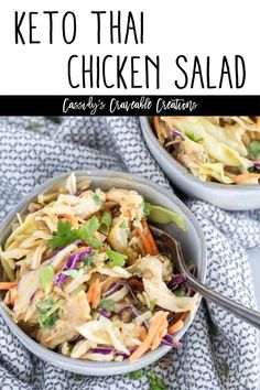 two bowls filled with thai chicken salad on top of a blue and white table cloth