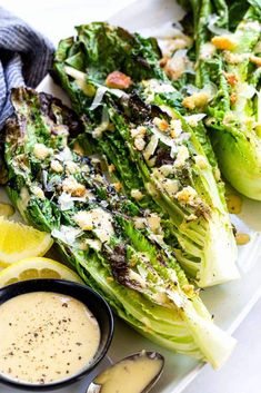 grilled lettuce with lemon and parmesan dressing on a white plate