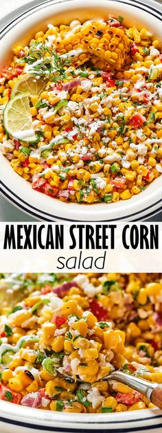 mexican street corn salad in a white bowl with lime wedges