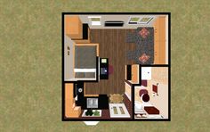 an overhead view of a small apartment with the kitchen and living room separated by two separate rooms