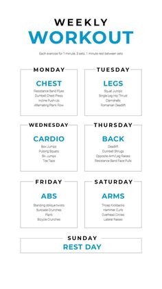 the weekly workout schedule is shown in blue and white