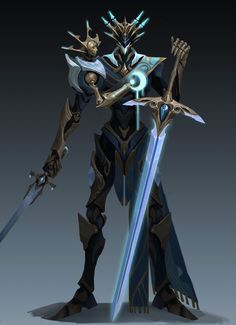 an animated character holding two swords and wearing armor with blue lights on their hands, standing in front of a dark background