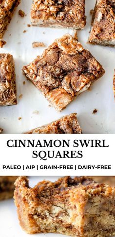 cinnamon swirl squares are stacked on top of each other with text overlay that reads, cinnamon swirl squares palen - free dairy - free