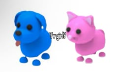 two plastic toys that look like dogs with black eyes and one is pink and blue