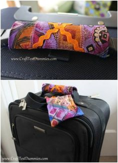 two pictures of an open suitcase and the bottom one has a colorful scarf on it