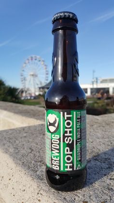 a brown beer bottle sitting on top of a cement wall next to a ferris wheel