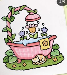 a drawing of a pink bathtub with flowers on it and a dog laying in the tub