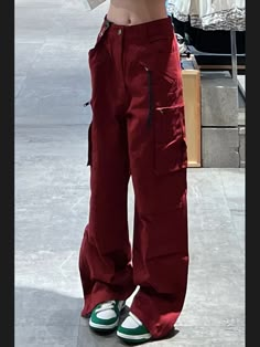 Tavimart Women Bottoms Red Vintage Baggy Cargo Pants Fashion Pocket High Waist Straight Pants High Street Wide Leg Trouser Ladies Summer Baggy Red Pants, Red Cargo Pants Outfit, Cargo Pants Fashion, Colored Pants Outfits, Red Cargo Pants, Red Pants Outfit, Fake Insta, Random Clothes, Red Trousers