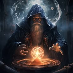 an image of a wizard holding a crystal ball in front of his hands and looking at it