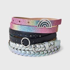 Add a touch of style to their ensemble with the Girls' 3pk Rainbow Belt Set - Cat & Jack™. This set comes in a pack of three belts, each showcasing vibrant rainbow patterns and colors. With adjustable lengths, they can be easily tailored to fit different waist sizes for a comfortable and secure fit. Let your child flutter with style with this rainbow belt set. Cat & Jack™: Designed for all children so you can trust it's made for yours. Multicolor Adjustable Belt For Spring, Adjustable Multicolor Belts For Spring, Adjustable Multicolor Belt For Spring, Casual Multicolor Adjustable Belt, Rainbow Belt, Cc Clothing, Rainbow Belts, Girl Rainbow, Heart Chain