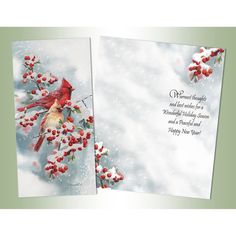 a christmas card with a cardinal sitting on a tree branch in the snow, and a poem written below it