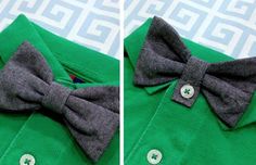 the bow tie is on top of the green shirt and it says, little mr button on bow ties for little guys