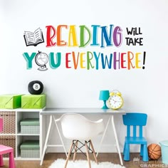 a wall decal that says reading will you everywhere? in multicolored letters