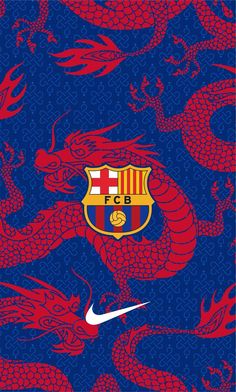 a blue and red wallpaper with a soccer team emblem on the bottom half of it