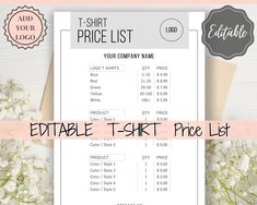 the editable t - shirt price list is displayed next to some baby's breath flowers