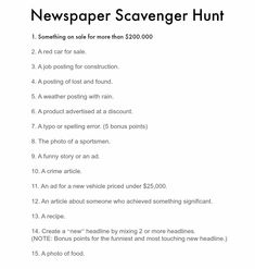 the newspaper scavenger hunt has been updated with new content and details for each section