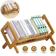 a wooden book rack with books and binders on it's sides, in front of a white background