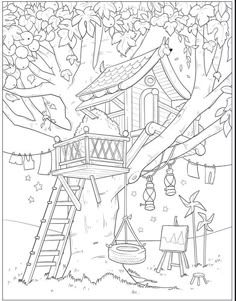 a coloring page with a tree house and ladders