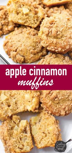 apple cinnamon muffins on a white plate with the title in red above it