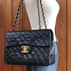 Gorgeous Classic Vintage 90's Chanel Jumbo Xl Shoulder Bag! Black Lambskin Leather With Large Cc Chanel Logo Turnlock Serial Number Intact On Interior : 3238459 Circa: 1994 - 1996 Size (Inch) : W 13.2 X H 8.7 X D 4.3 " /Strap Drop. 19.7 " Size (Cm) : W 33.5 X H 22.0 X D 11.0 Cm /Strap Drop. 50.0 Cm Exterior: Normal - Light Wear For Vintage Bag // Some Minor Rubs And Dirt As Pictured // No Major Damage To Note. *No Holes, Tears Or Smells. Interior: Shows Minor - Normal Signs Of Use, Such As Light Markings And Dirt, But No Major Damage To Note. Hardware: Some Minor Tarnishing And Color Loss. Great Style With Tons Of Life Left! Chanel Xl Flap Bag, 90s Chanel, Chanel Jumbo, Chanel Logo, Vintage Bag, Shoulder Bag Black, Baddie Hairstyles, Vintage Chanel, Vintage Bags