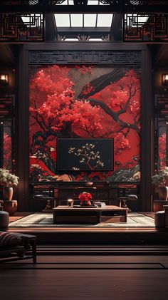 Modern Chinese Home Interior – Red and Dark Wood Accents Zen House, Chinese House, Chinese Wallpaper, Asian Interior, Interior Artwork