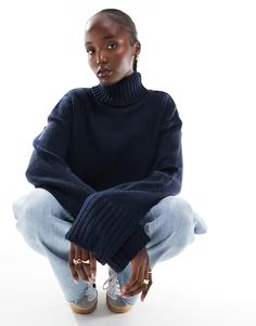 ASOS DESIGN Tall cropped roll neck sweater in navy | ASOS Pull Bleu Marine, Pull Bleu, Roll Neck Jumpers, Roll Neck Sweater, Wide Jeans, Jumpsuit Shorts Rompers, Satin Slip Dress, Plain Design, Maxi Dress Trend