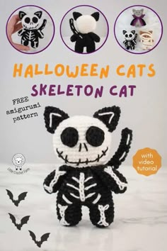 a crocheted skeleton cat is shown in three different sizes and colors, with the caption halloween cats skeleton cat