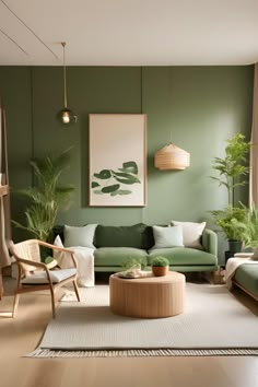 a living room with green walls and furniture